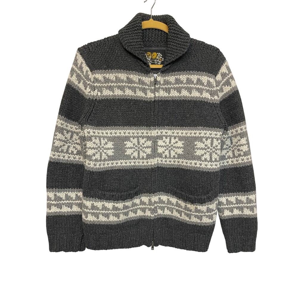 Roots Sweater zip front Grey and white Lambswool XL